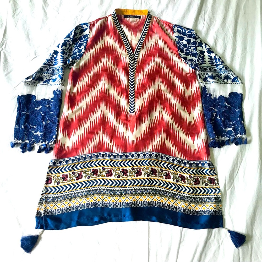 Khaadi Pret Pakistani Silk Self Print Kurta Embroidered Sleeves & Corner Tassels